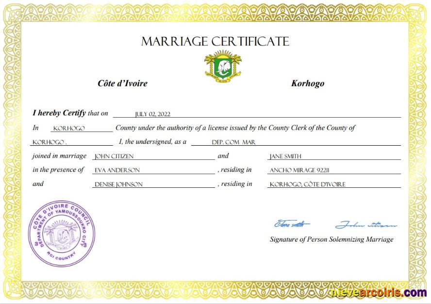 Cote d’Ivoire marriage certificate
